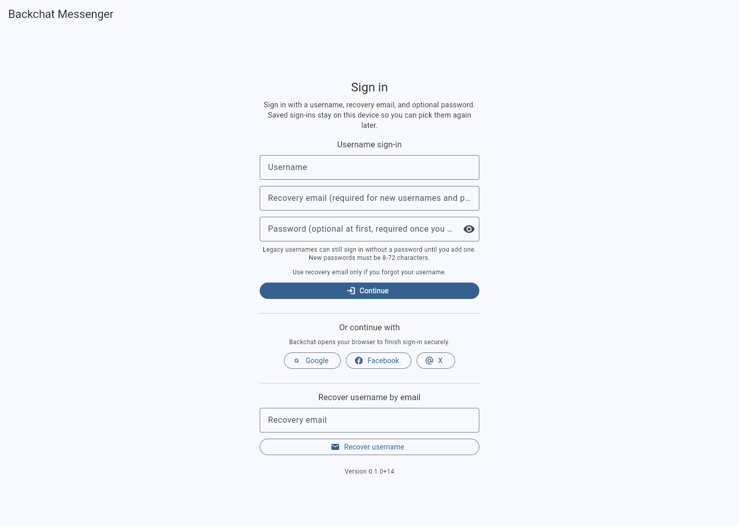 Backchat desktop first-run sign-in screen