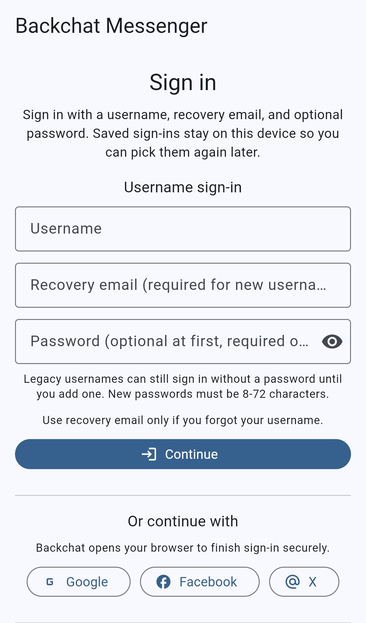 Backchat mobile first-run sign-in screen