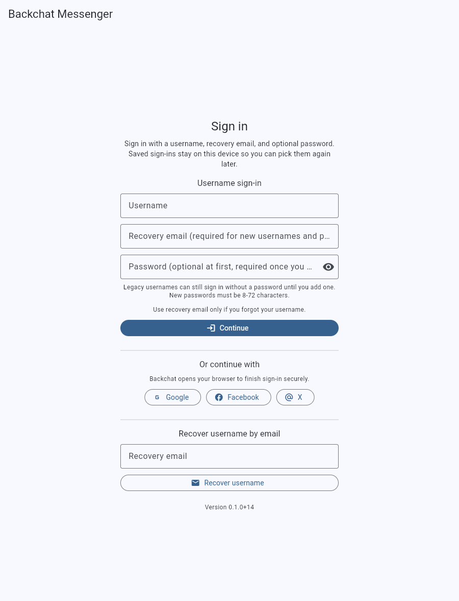 Backchat tablet first-run sign-in screen